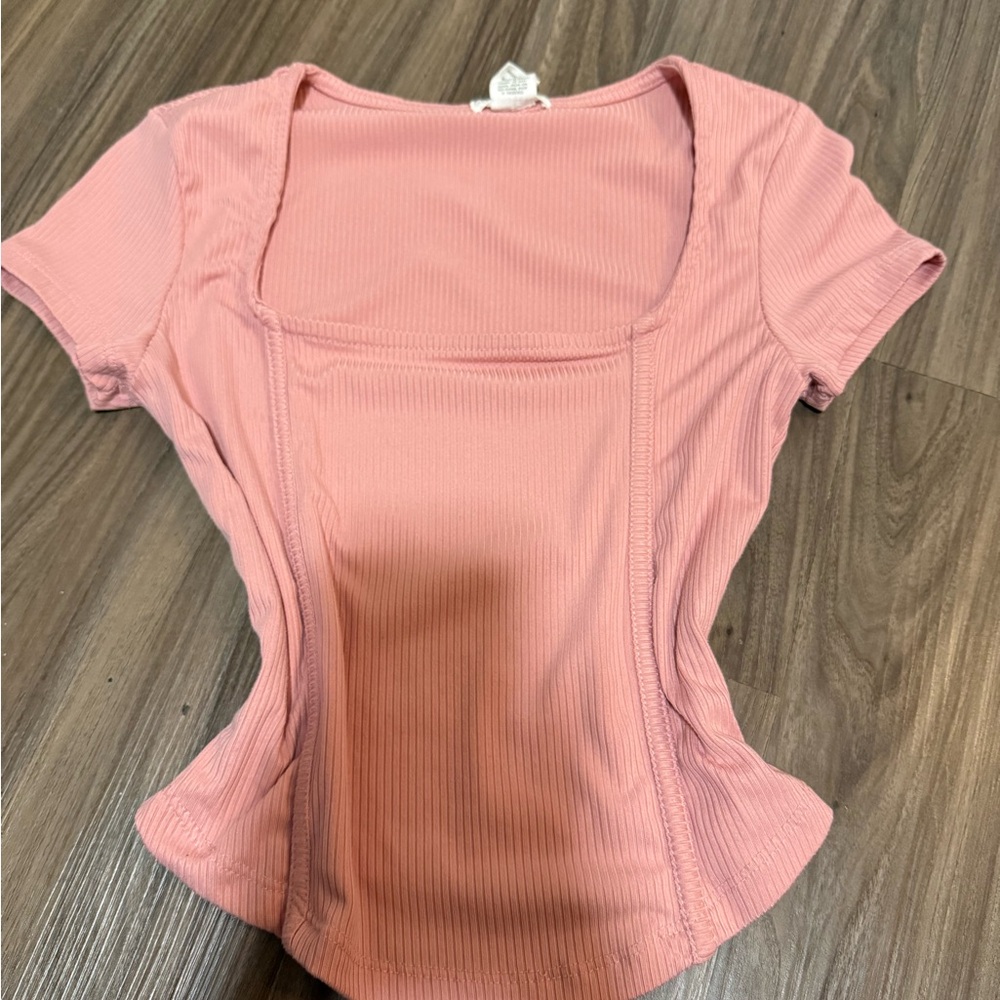 Pink Ribbed Square Neck Top